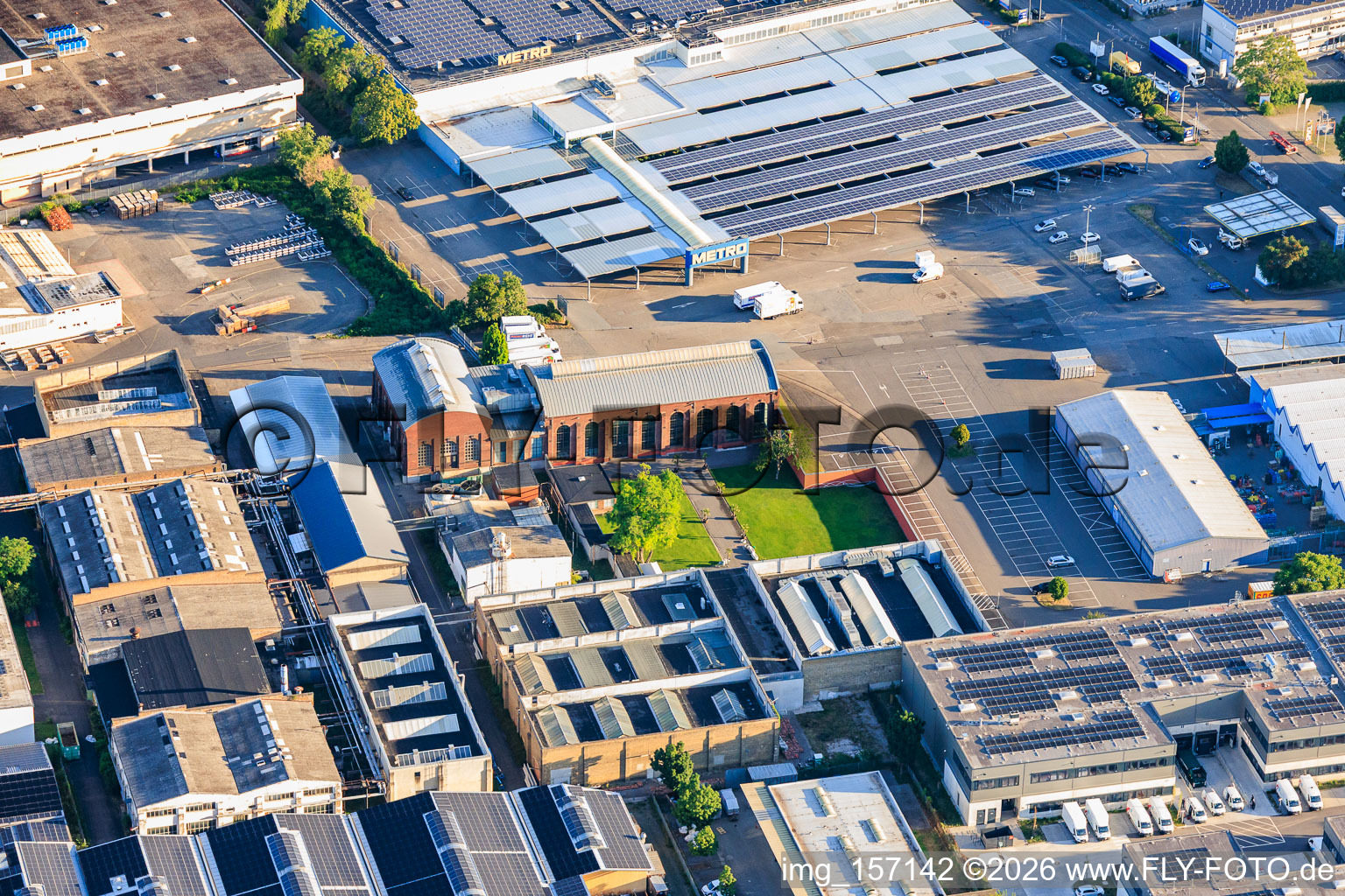 Old Turtle Factory and METRO Mannheim from the southeast in the district Neckarau in Mannheim in the state Baden-Wuerttemberg, Germany