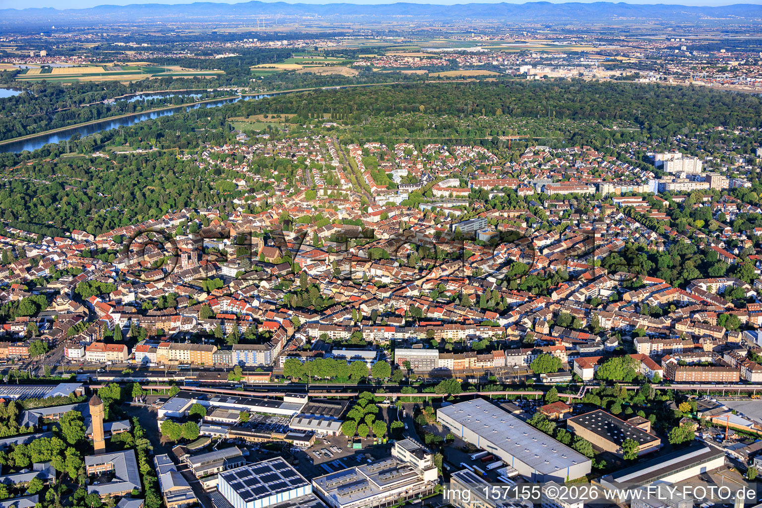 View of the district from the northeast, extending to the Rhine. in the district Neckarau in Mannheim in the state Baden-Wuerttemberg, Germany
