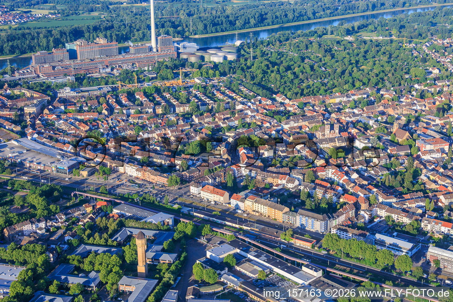 View of the district from the north, extending to the GKM power plant on the Rhine from the north in the district Neckarau in Mannheim in the state Baden-Wuerttemberg, Germany