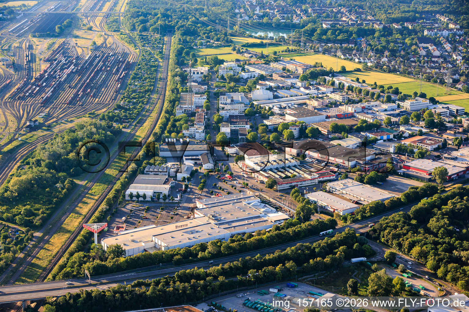 Mallaustraße industrial park with BAUHAUS Mannheim-Mallau from the northwest in the district Rheinau in Mannheim in the state Baden-Wuerttemberg, Germany