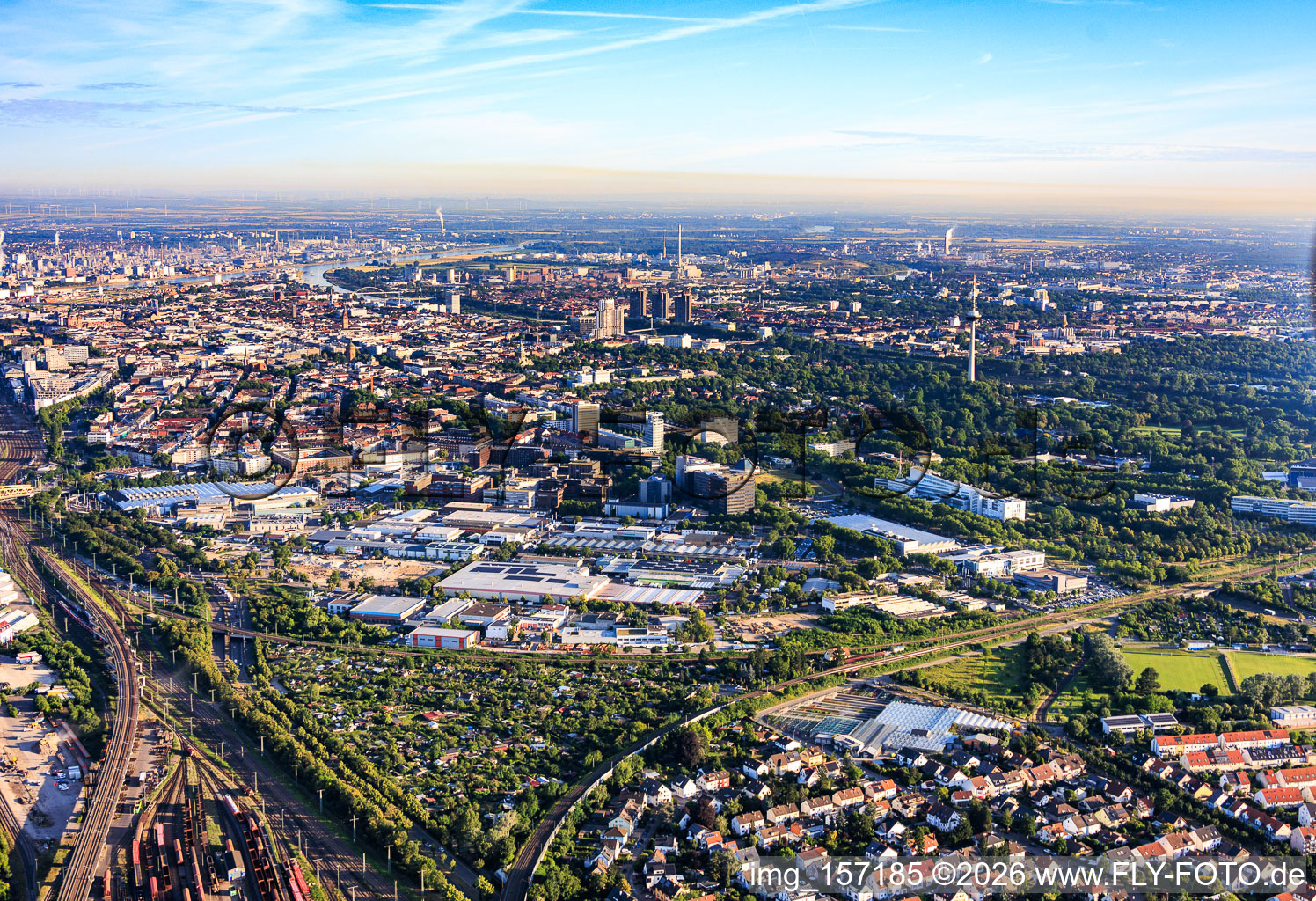 Fahrlach industrial park from the southeast in the district Schwetzingerstadt in Mannheim in the state Baden-Wuerttemberg, Germany