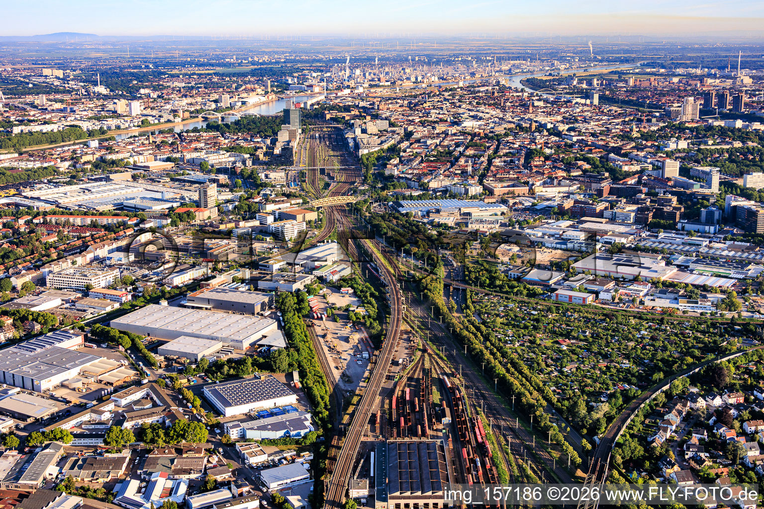City view from the southeast, on both sides of the railway tracks up to the Rhine. in the district Lindenhof in Mannheim in the state Baden-Wuerttemberg, Germany