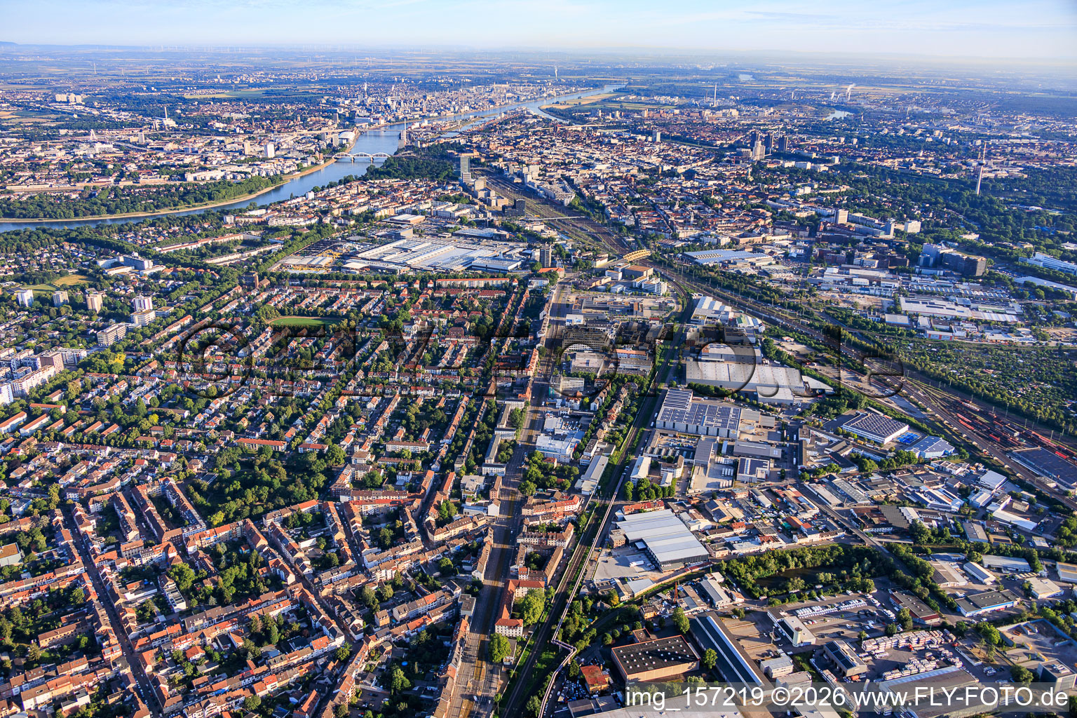 Overview of the city districts from the southeast to the Rhine riverbank at Lindenhof in the district Almenhof in Mannheim in the state Baden-Wuerttemberg, Germany
