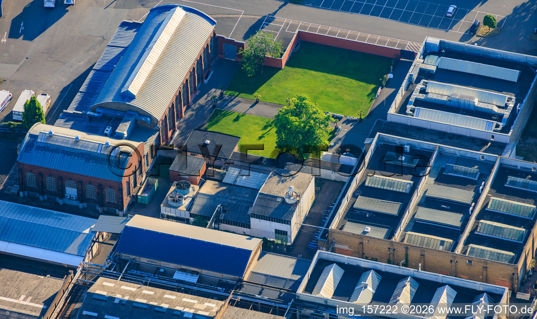 Old tortoise factory from the southwest in the district Neckarau in Mannheim in the state Baden-Wuerttemberg, Germany