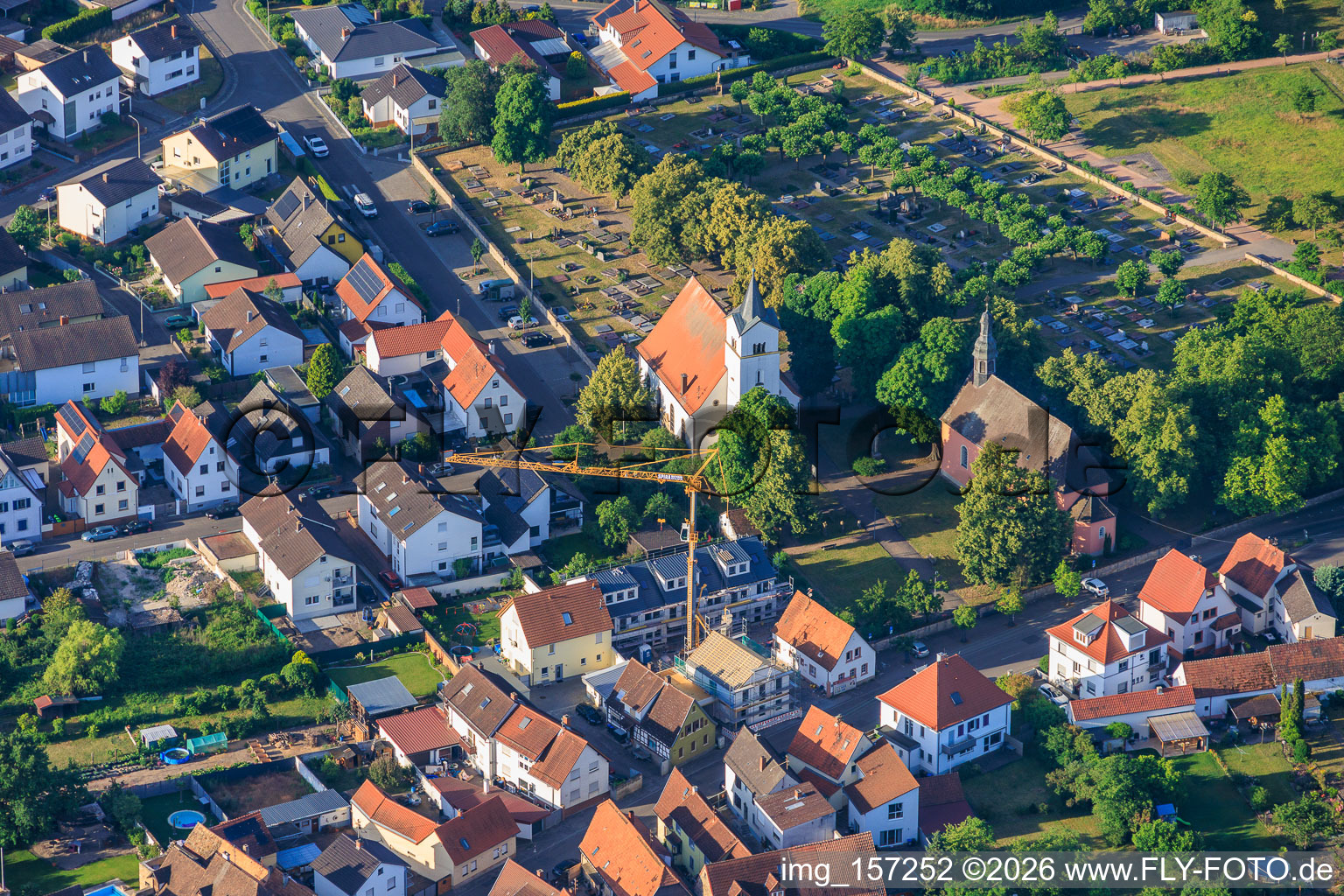 Cemetery with 2 churches in the district Iggelheim in Böhl-Iggelheim in the state Rhineland-Palatinate, Germany