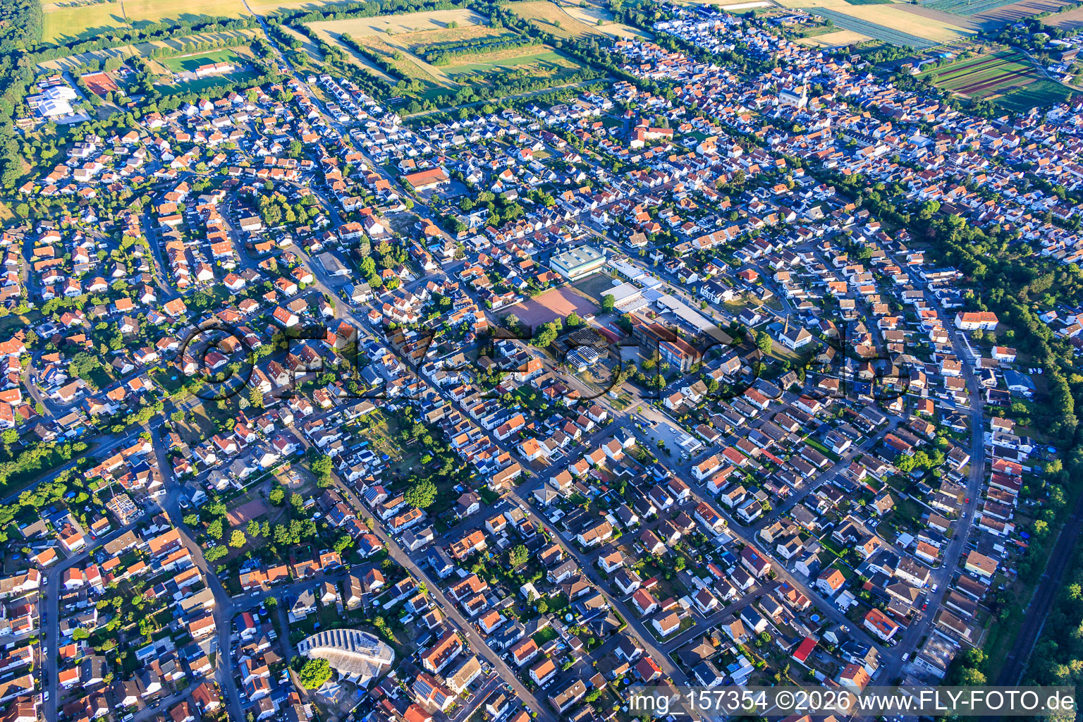 City overview from the east in Lingenfeld in the state Rhineland-Palatinate, Germany