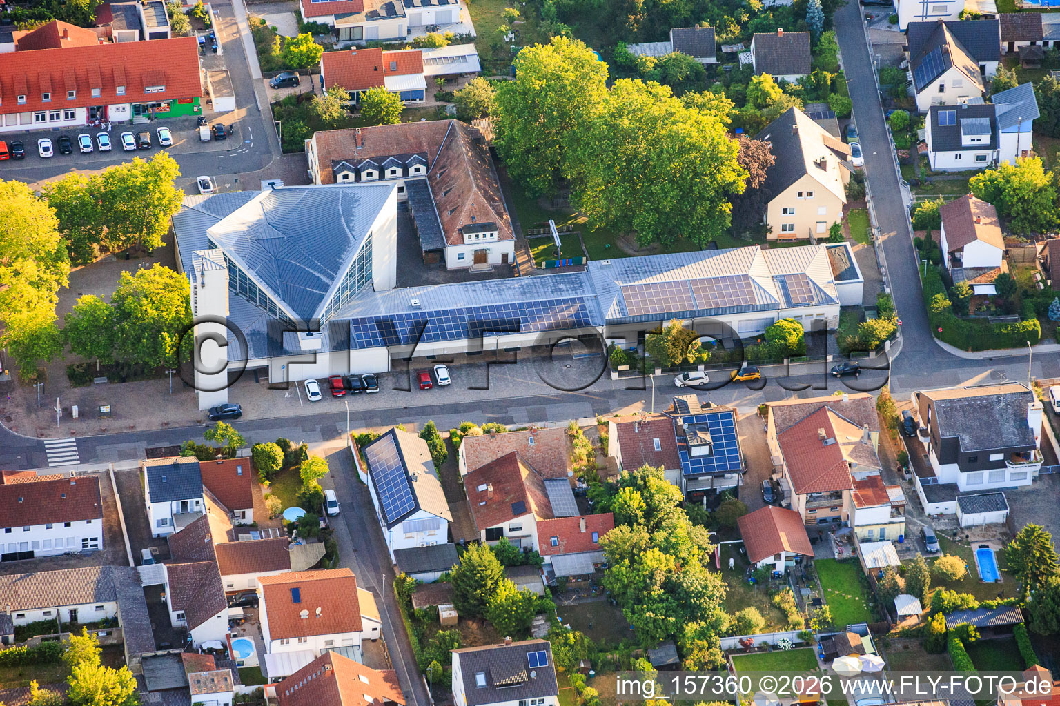 Modern building with PV roofs of St. Konrad, Catholic Church in Speyer in the state Rhineland-Palatinate, Germany