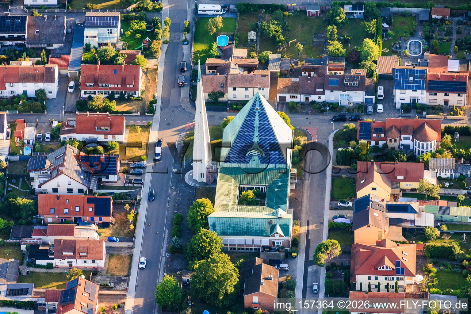Modern building with PV roof of the Protestant Christ Church in Speyer in the state Rhineland-Palatinate, Germany