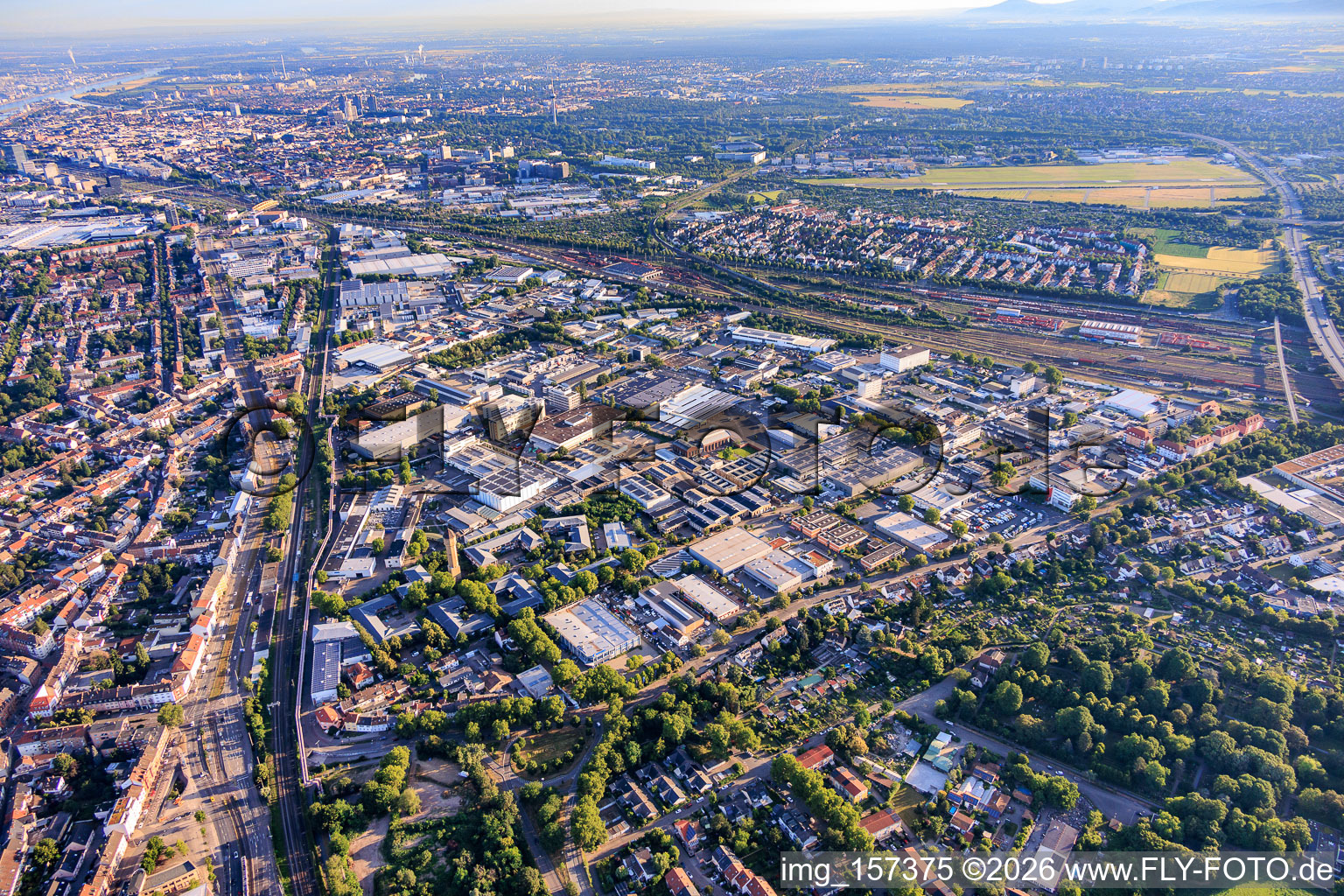 Floßwörthstraße industrial park from the south in the district Neckarau in Mannheim in the state Baden-Wuerttemberg, Germany