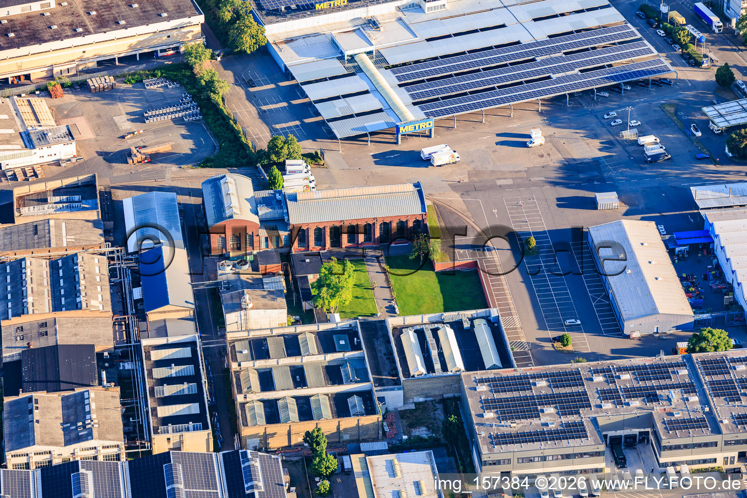 Old Turtle Factory and METRO Mannheim from the southeast in the district Neckarau in Mannheim in the state Baden-Wuerttemberg, Germany