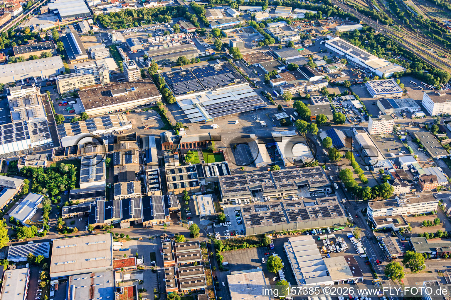 Floßwörthstraße industrial park from the southeast with transmed Transport GmbH branch METRO Alte Schildkrötfabrik and PHOENIX Pharma SE in the district Neckarau in Mannheim in the state Baden-Wuerttemberg, Germany