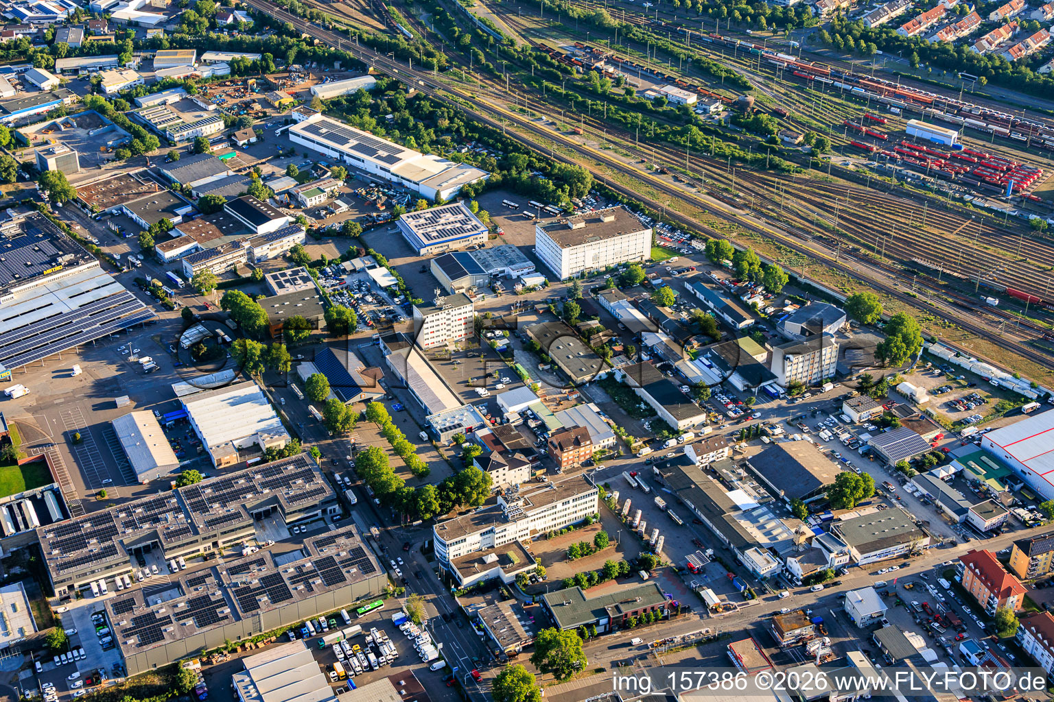 Floßwörthstraße industrial park from the southeast with tMKüchen vBus GmbH and häuselmann metall GmbH in the district Neckarau in Mannheim in the state Baden-Wuerttemberg, Germany
