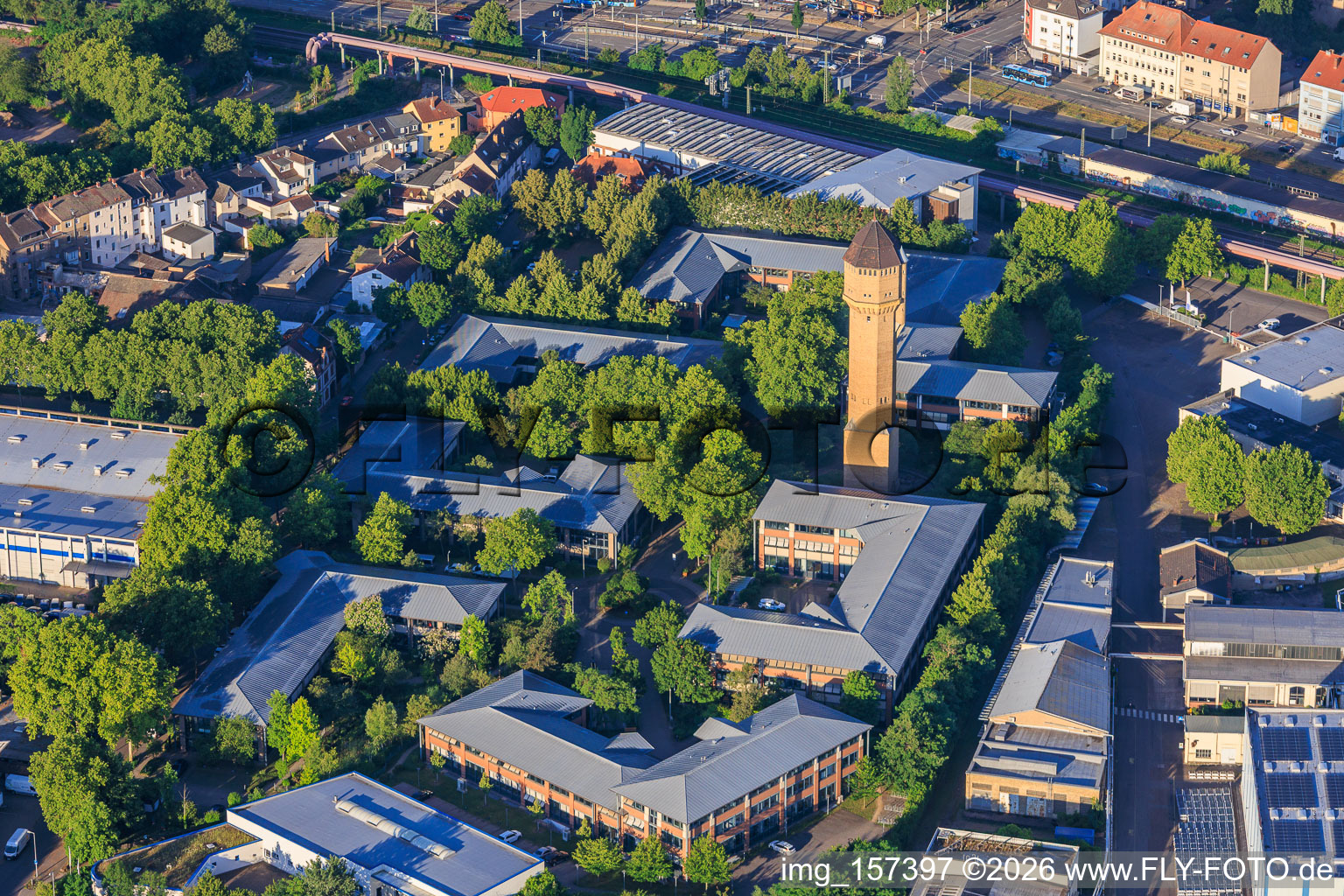 The Plant High-Tech Park Mannheim and Carlo Schmid School Mannheim with Historic Water Tower, Schildkröt Company in the district Neckarau in Mannheim in the state Baden-Wuerttemberg, Germany