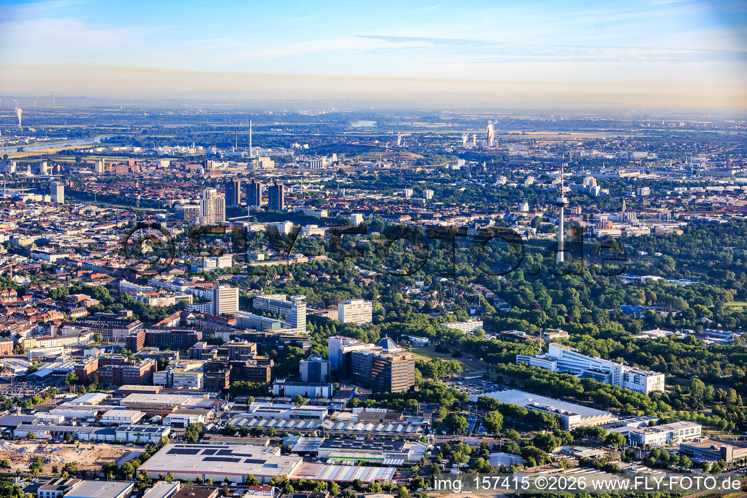 City view from the southeast with Luisenpark and telecommunications tower in the district Oststadt in Mannheim in the state Baden-Wuerttemberg, Germany
