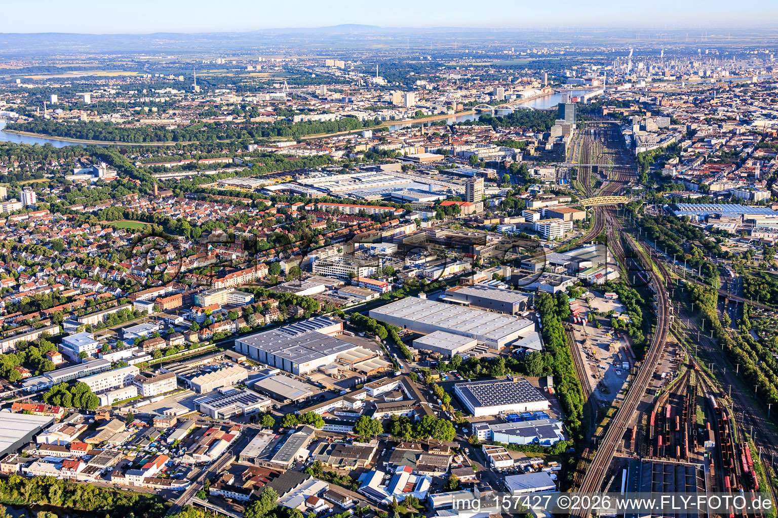 View of the district from the east, from the railway tracks to the Rhine, with Rhenus Automotive and John Deere GmbH & Co KG in the district Almenhof in Mannheim in the state Baden-Wuerttemberg, Germany