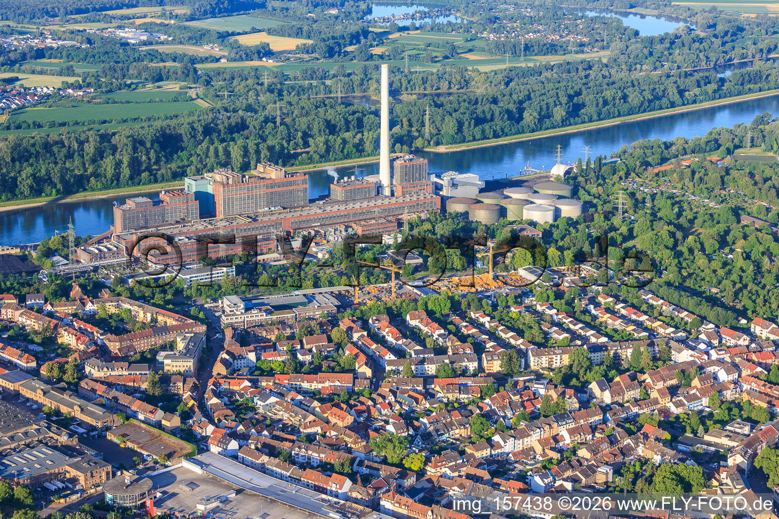 Old large power plant Mannheim on the Rhine bank from the north in the district Neckarau in Mannheim in the state Baden-Wuerttemberg, Germany