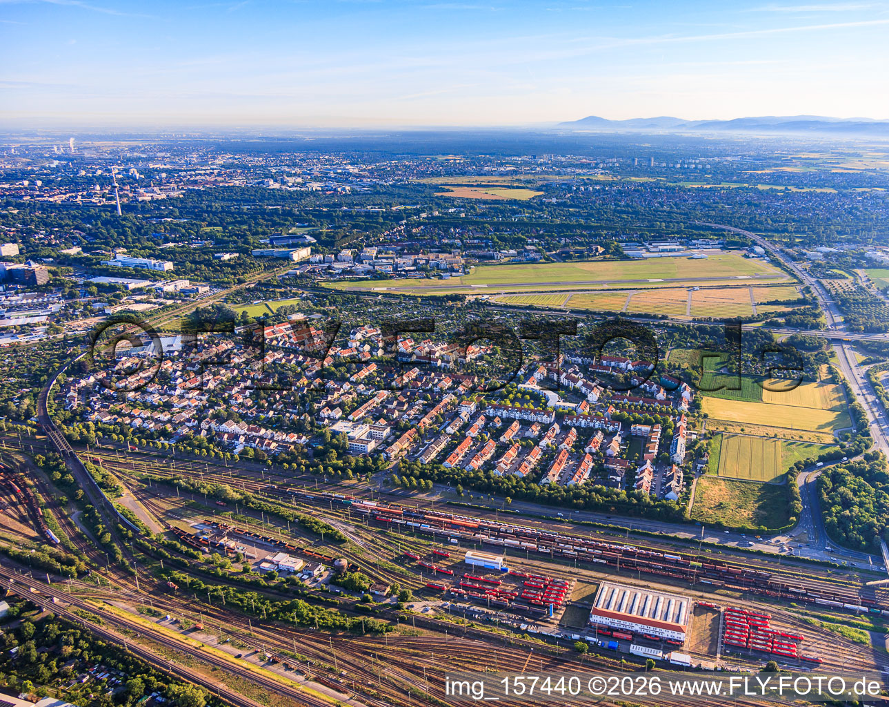 View of the town from the south between the marshalling yard and City Airport Mannheim in the district Neuhermsheim in Mannheim in the state Baden-Wuerttemberg, Germany
