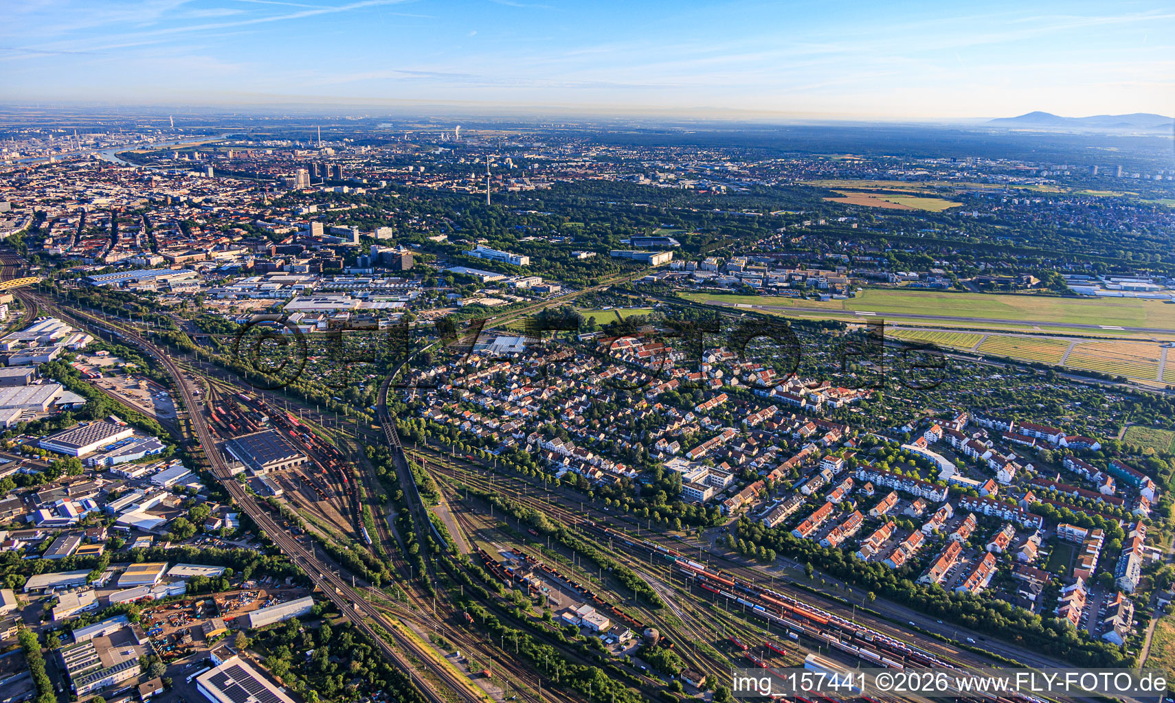 City view from the southeast between the marshalling yard, Mannheim City Airport and... in the district Oststadt in Mannheim in the state Baden-Wuerttemberg, Germany