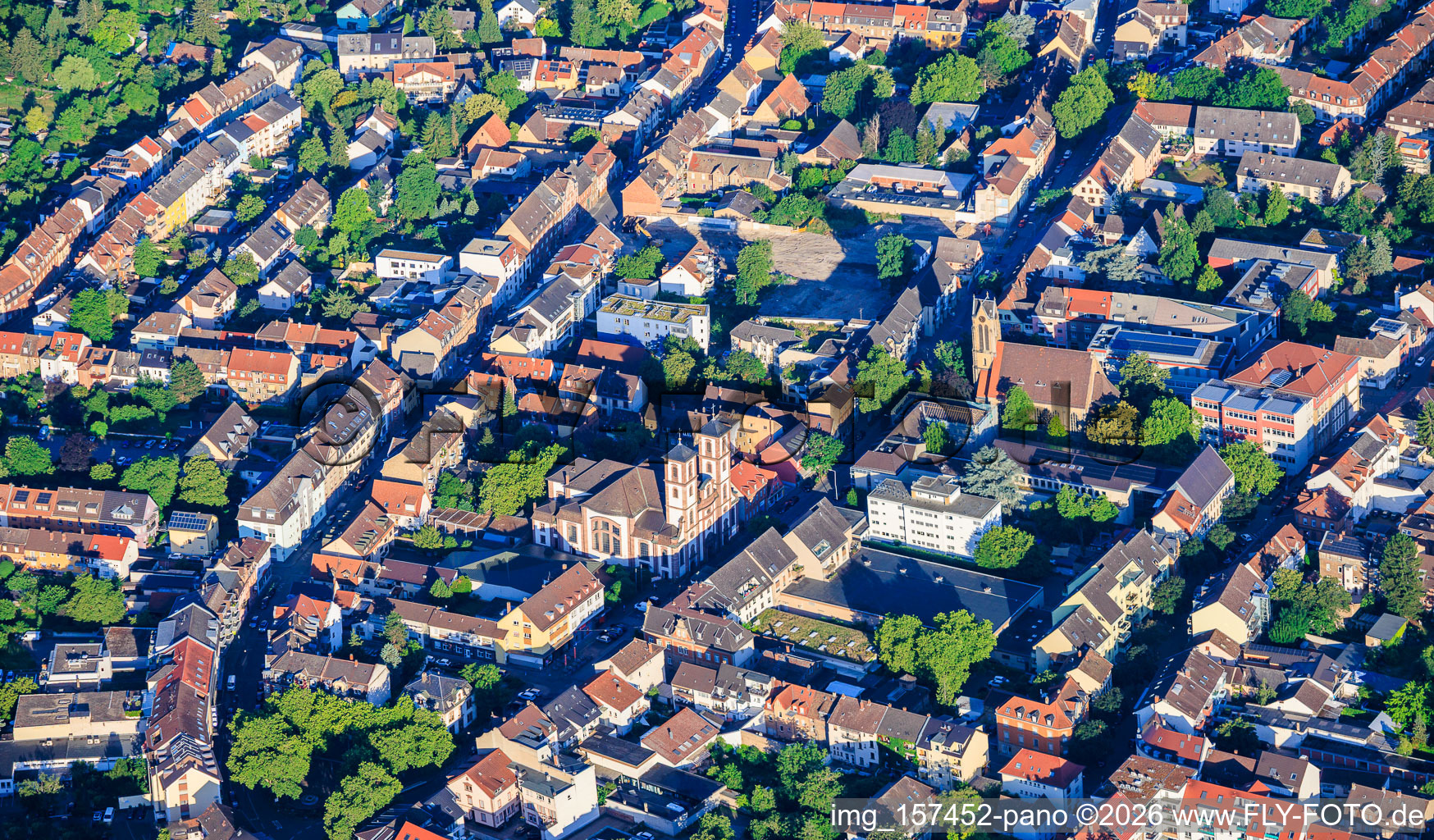 Center between Friedrichstrasse and Rheingoldstrasse with St. James' Church, St. Matthew's Church in the district Neckarau in Mannheim in the state Baden-Wuerttemberg, Germany