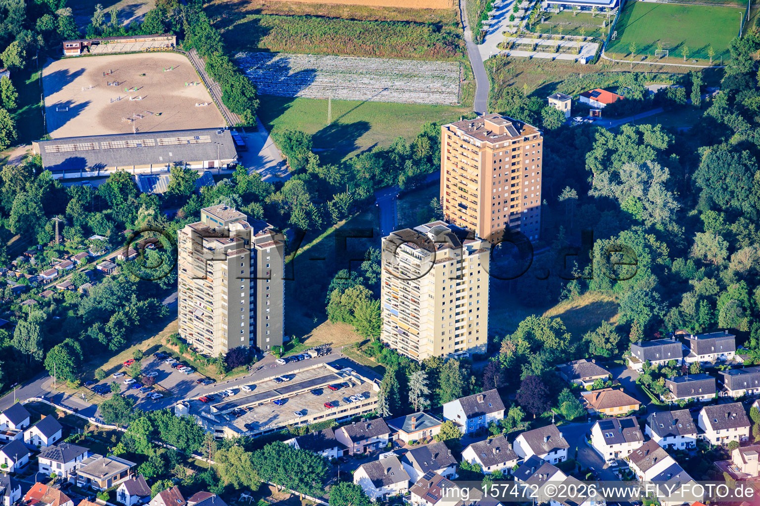 Three residential high-rise buildings on Rehbachstrasse in Neuhofen in the state Rhineland-Palatinate, Germany