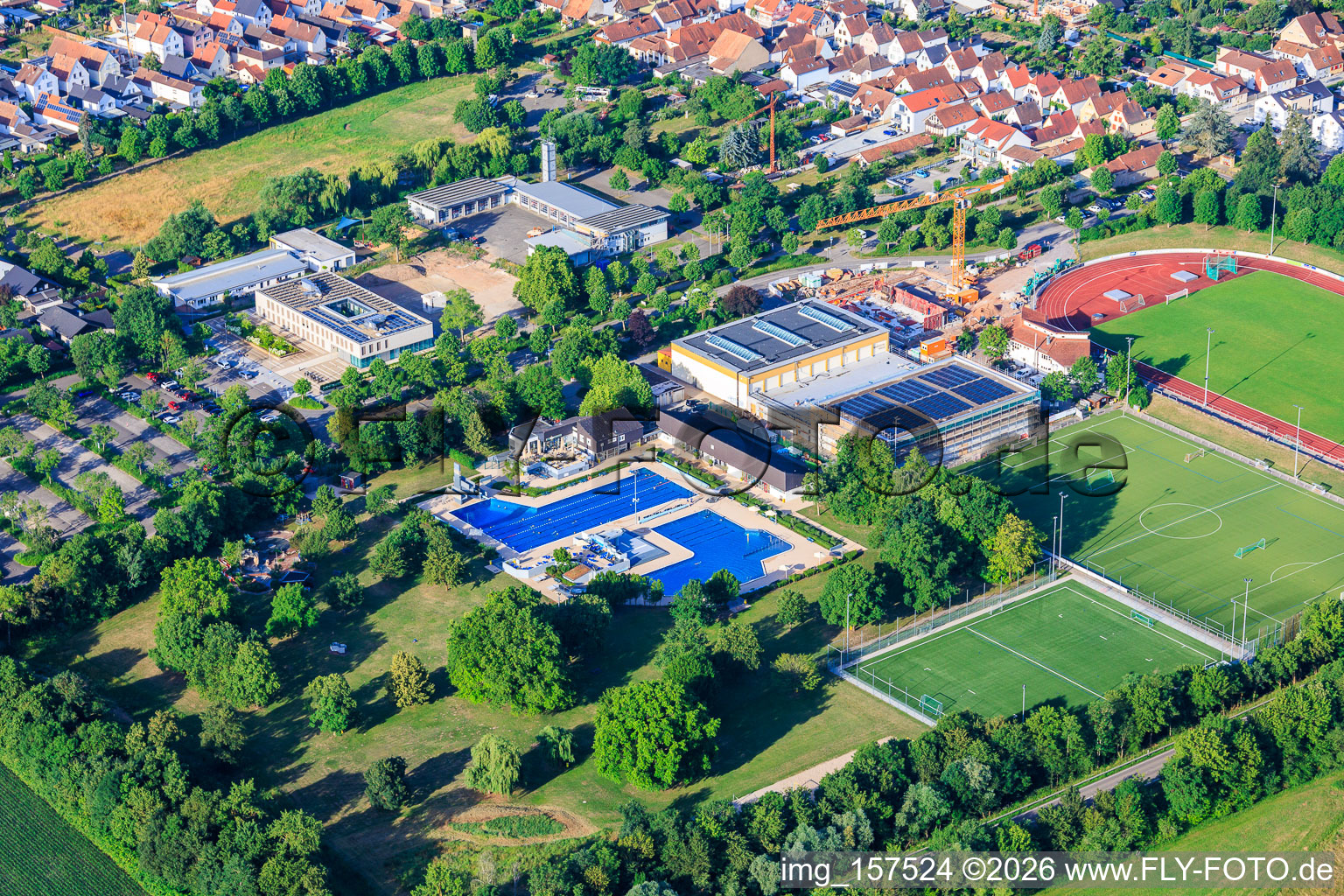 Queichtal Hall. Outdoor swimming pool and Queichtal Stadium from the northeast. in Offenbach an der Queich in the state Rhineland-Palatinate, Germany