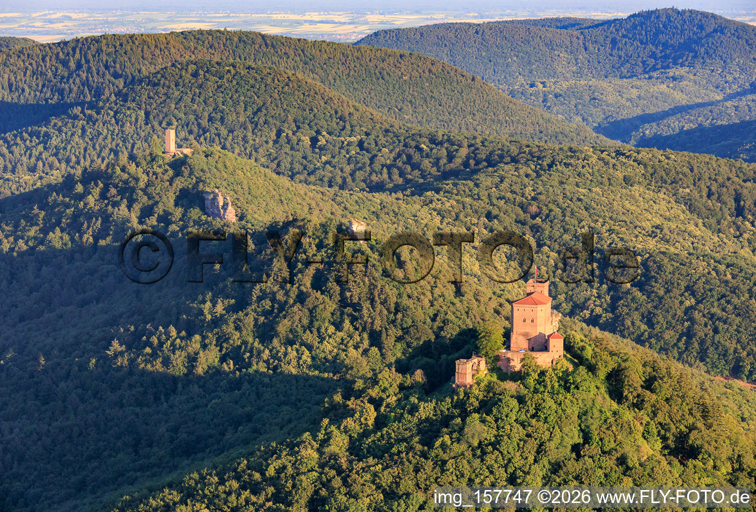 Three castles: Trifels, Anebos, Jungturm Münz and renovated tower Scharfenberg in the district Bindersbach in Annweiler am Trifels in the state Rhineland-Palatinate, Germany