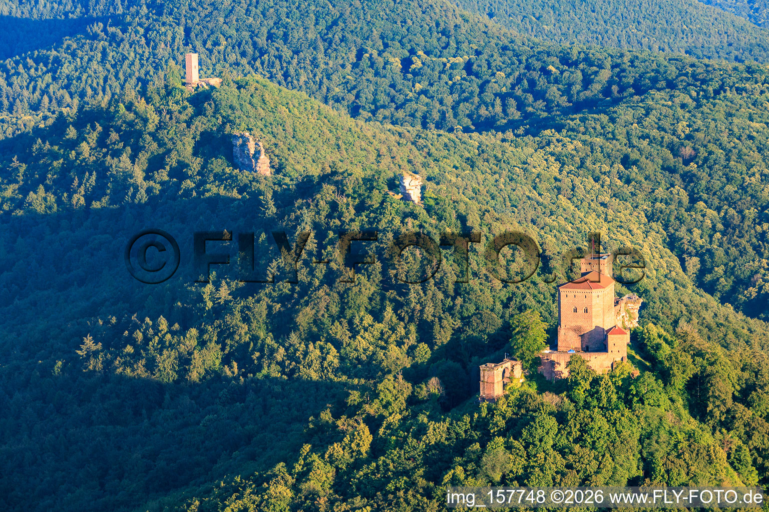 Three castles: Trifels, Anebos, Jungturm Münz and renovated tower Scharfenberg in the district Bindersbach in Annweiler am Trifels in the state Rhineland-Palatinate, Germany