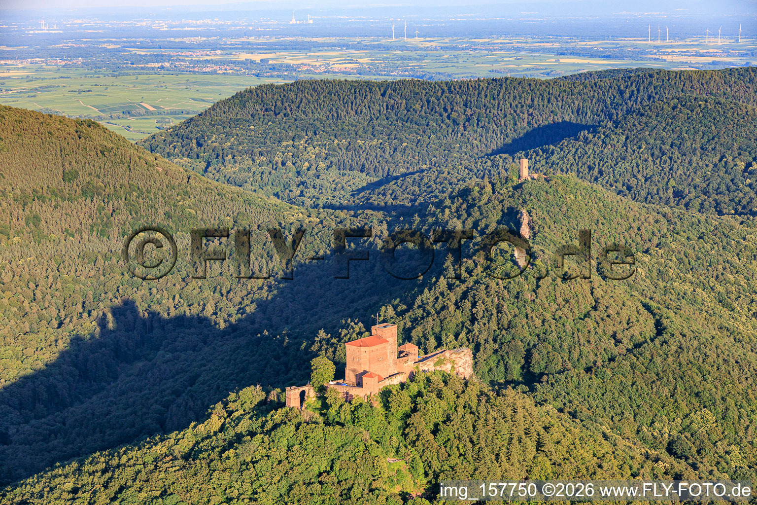 Three castles: Trifels, Anebos, Jungturm Münz and renovated tower Scharfenberg in the district Bindersbach in Annweiler am Trifels in the state Rhineland-Palatinate, Germany