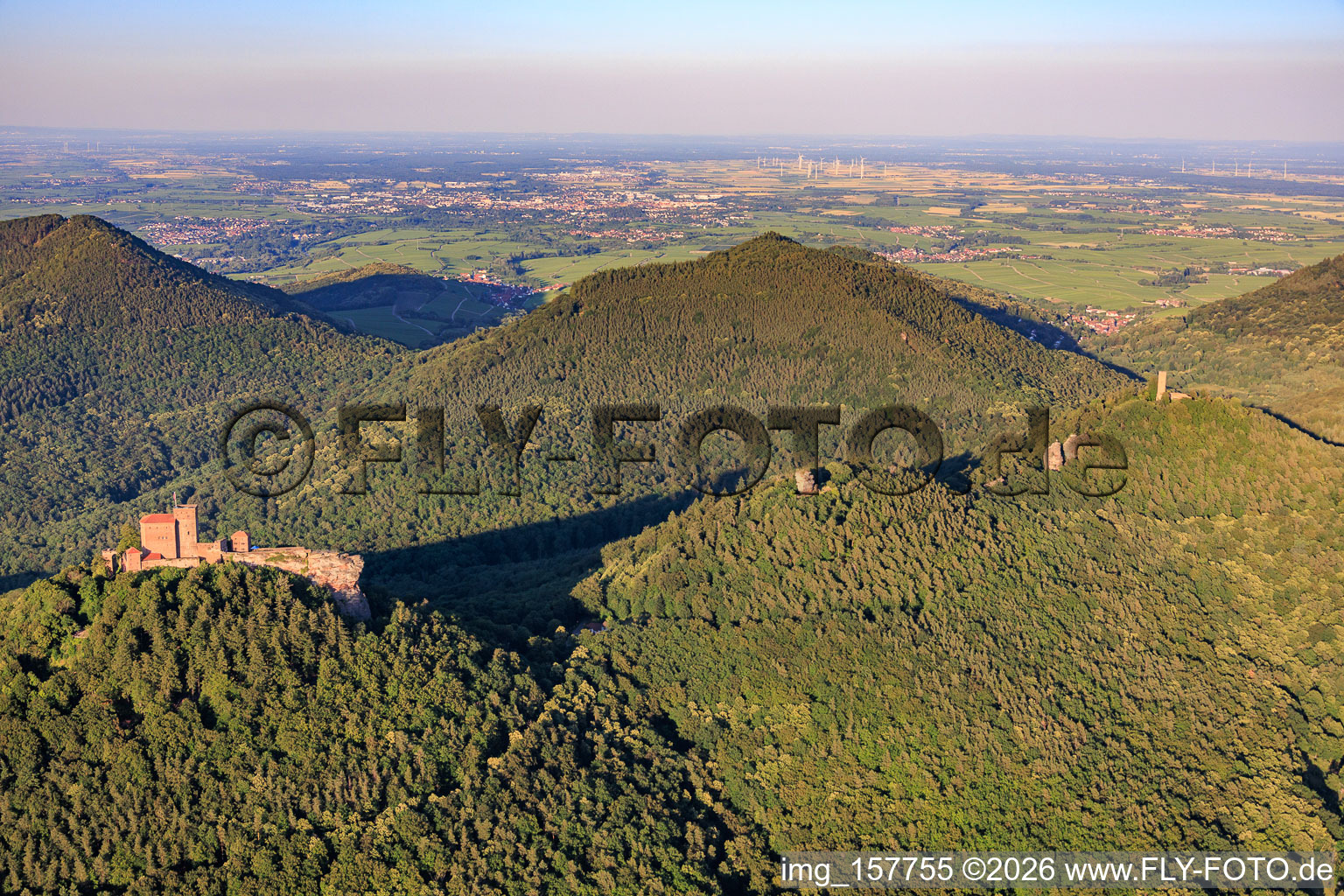 Three castles: Trifels, Anebos, Jungturm Münz and renovated tower Scharfenberg in the district Bindersbach in Annweiler am Trifels in the state Rhineland-Palatinate, Germany