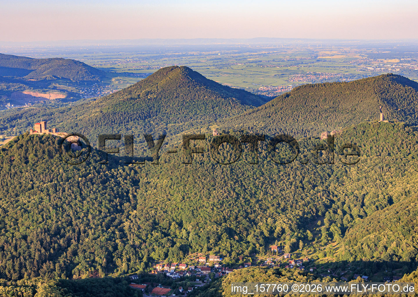 Three castles from the southwest: Trifels, Anebos, Jungturm Münz and renovated tower Scharfenberg in the district Bindersbach in Annweiler am Trifels in the state Rhineland-Palatinate, Germany