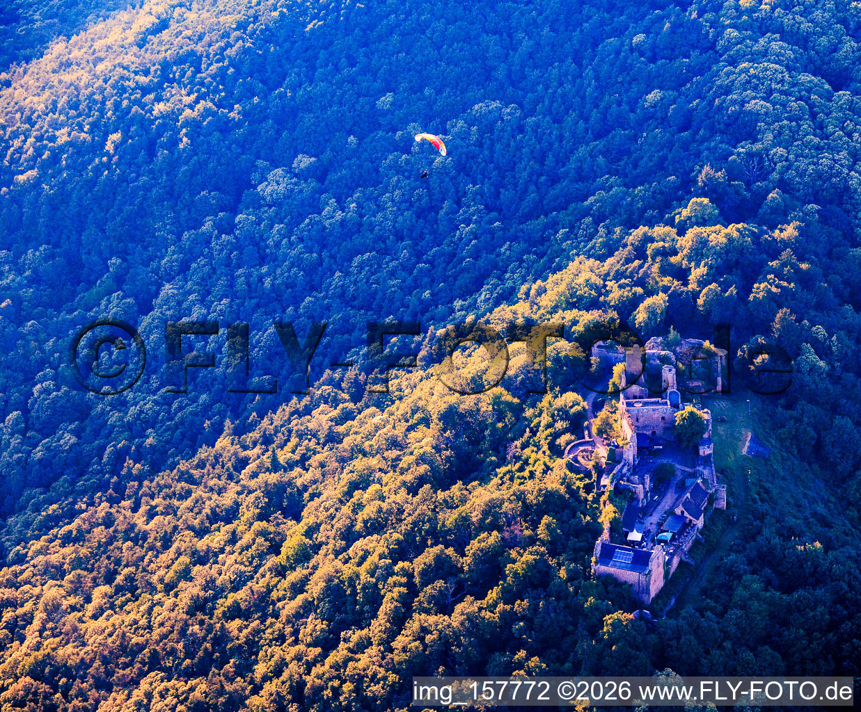Madenburg castle ruins with paraglider from the southeast in Eschbach in the state Rhineland-Palatinate, Germany