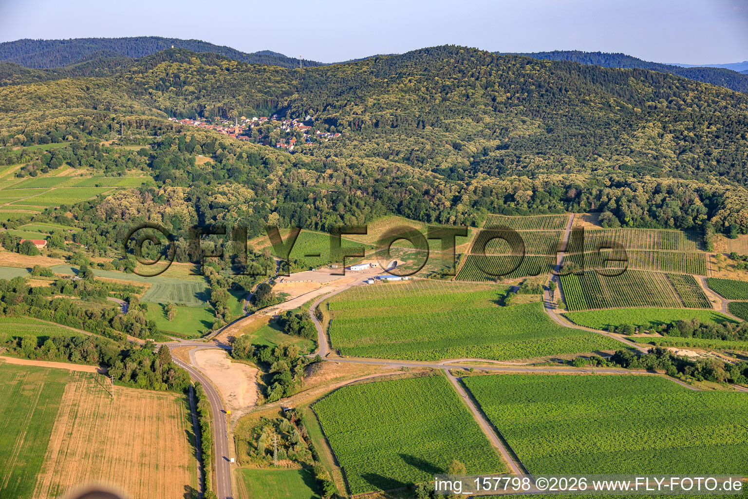 Construction site of the eastern tunnel portal for the Astrid Tunnel to bypass and circumvent Bad Bergzabern between B38 (Weinstraße) and B427 (Kurtalstraße) in Dörrenbach in the state Rhineland-Palatinate, Germany