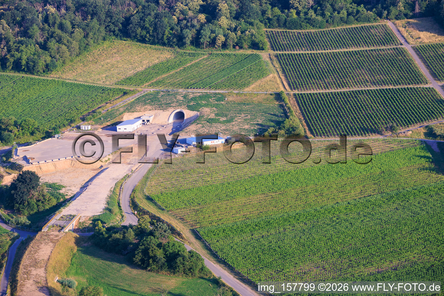Construction site of the eastern tunnel portal for the Astrid Tunnel to bypass and circumvent Bad Bergzabern between B38 (Weinstraße) and B427 (Kurtalstraße) in Dörrenbach in the state Rhineland-Palatinate, Germany