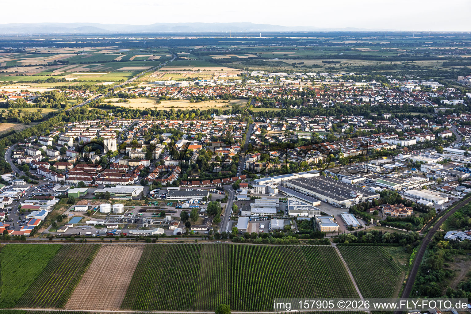 Horstring and Landau-Nord industrial park from the north in the evening in Landau in der Pfalz in the state Rhineland-Palatinate, Germany