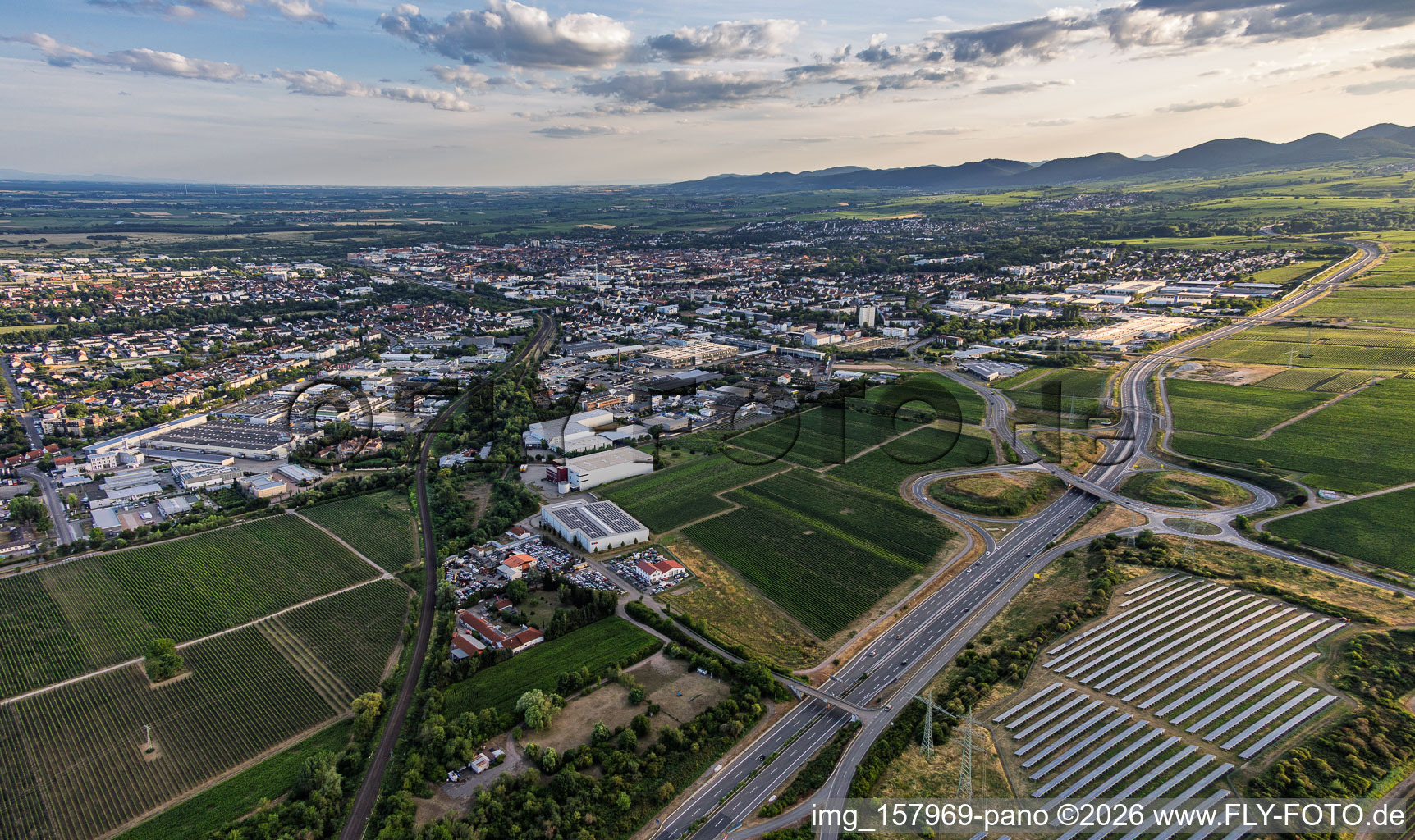 Landau-Nord beyond the B10 from the northeast in the evening in Landau in der Pfalz in the state Rhineland-Palatinate, Germany