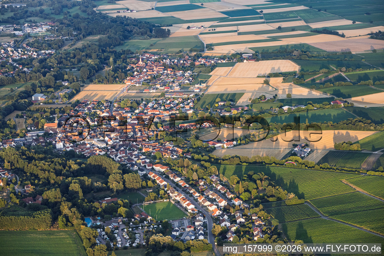 Village view from the west in the evening in the district Ingenheim in Billigheim-Ingenheim in the state Rhineland-Palatinate, Germany