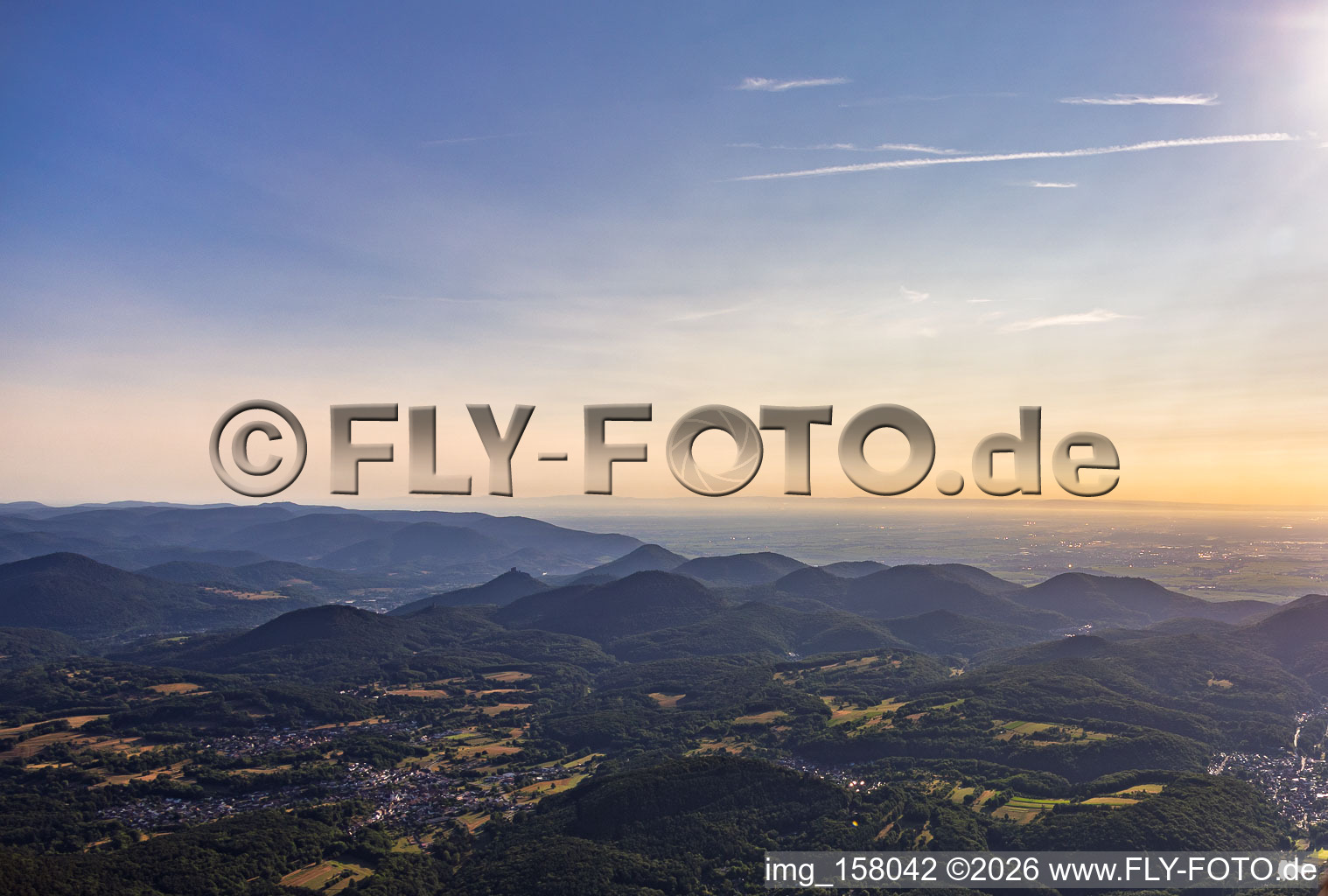 Palatinate Forest to the Rhine Plain in the morning from the southwest in Völkersweiler in the state Rhineland-Palatinate, Germany