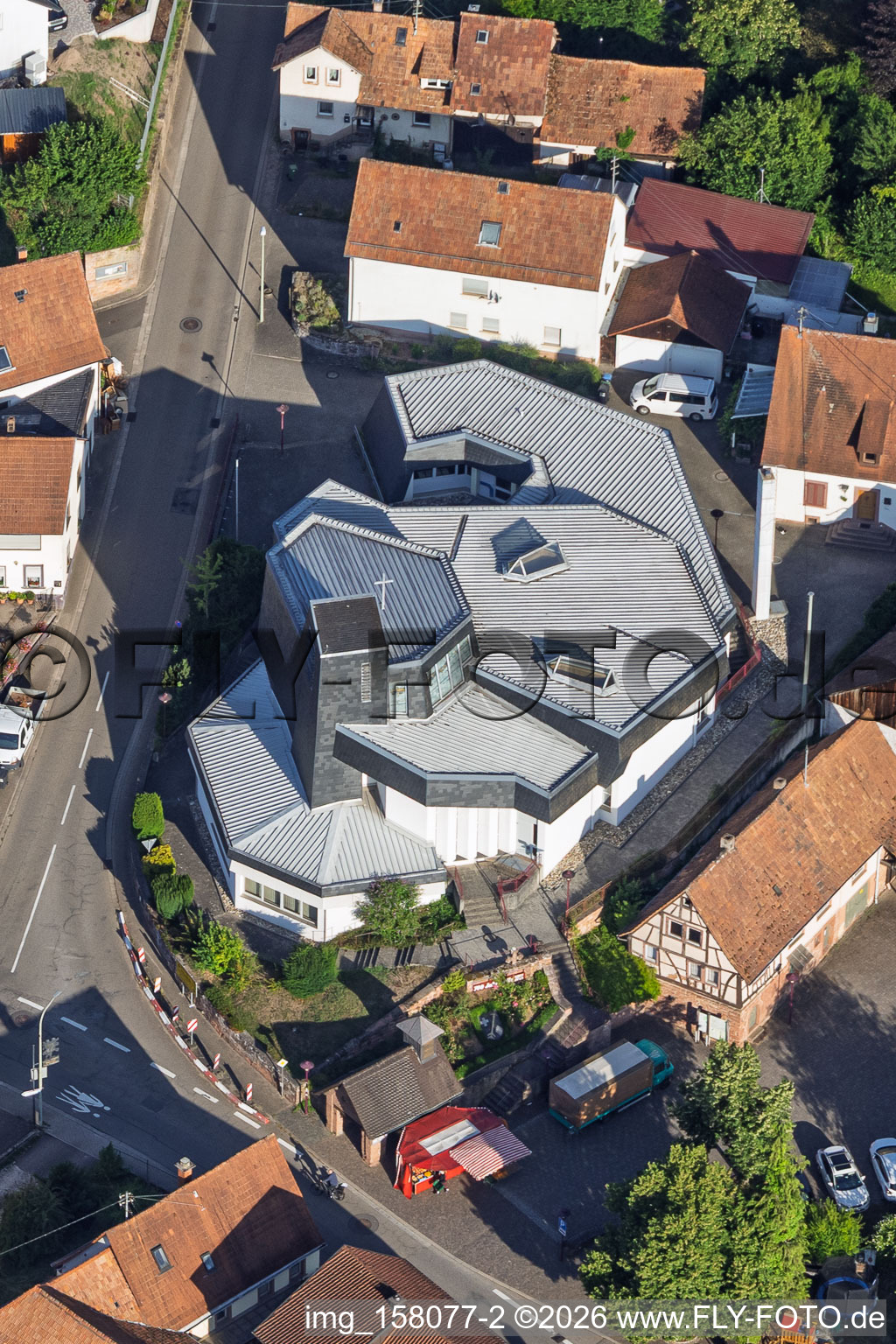 Modern church building of St. Sebastian in the village center in Silz in the state Rhineland-Palatinate, Germany