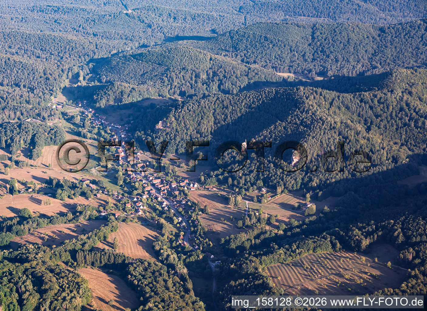 View of the village in the Steinbach Valley from the east in Obersteinbach in the state Bas-Rhin, France