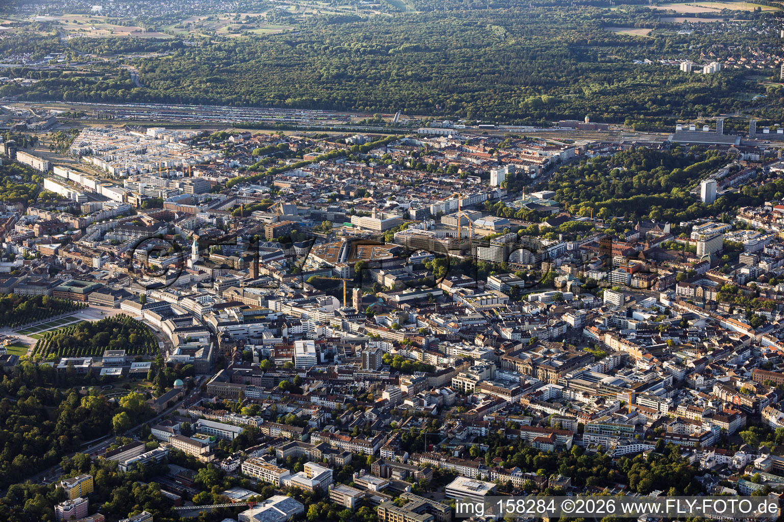 Overview of the town from the northwest, between the palace and the main railway station in the district Innenstadt-Ost in Karlsruhe in the state Baden-Wuerttemberg, Germany