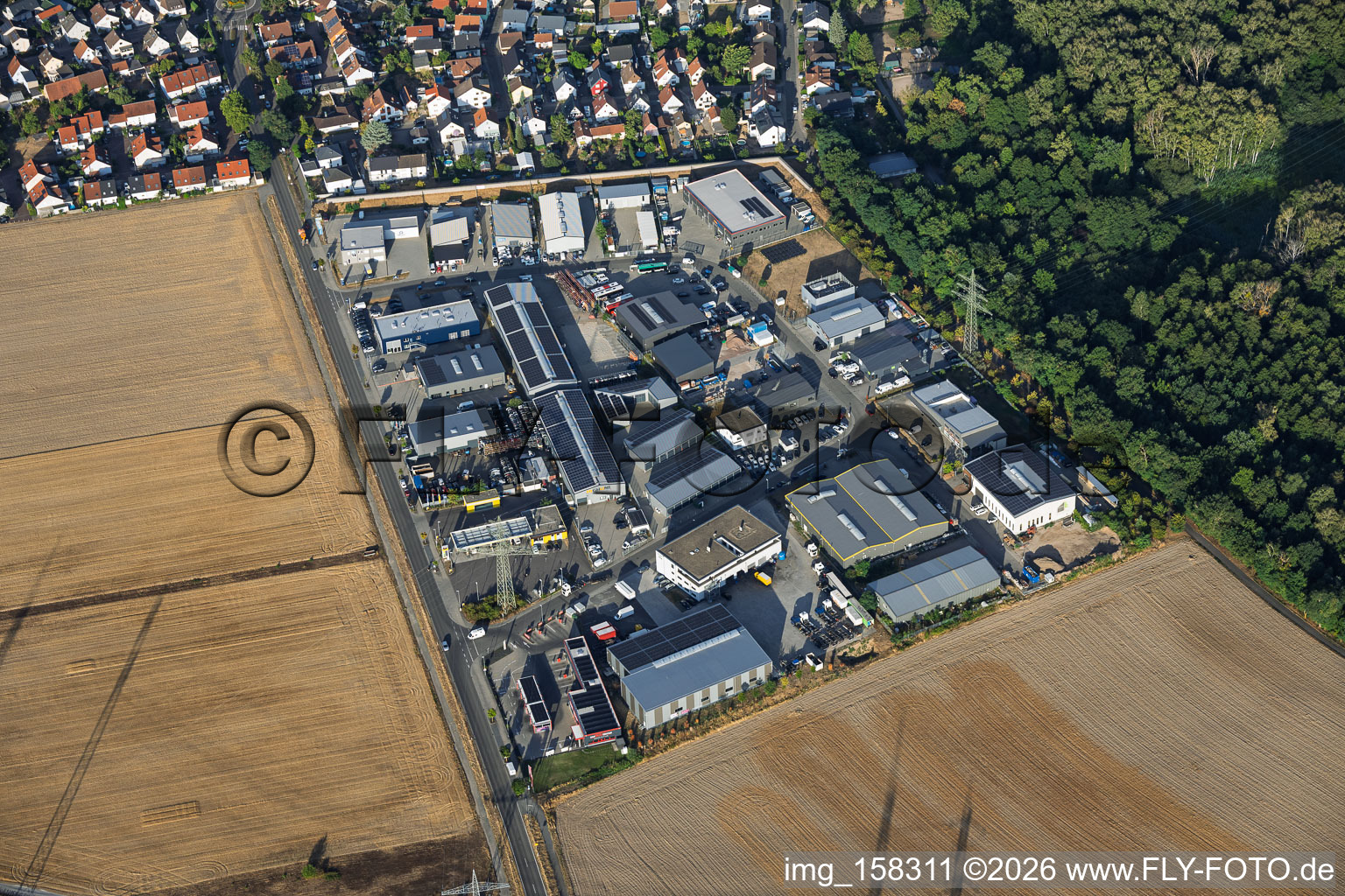 Römeräcker industrial park featuring W+W Holzelementbau Nordbaden GmbH and GartenWERK (Tobias Erb e.K.) in the district Hochstetten in Linkenheim-Hochstetten in the state Baden-Wuerttemberg, Germany