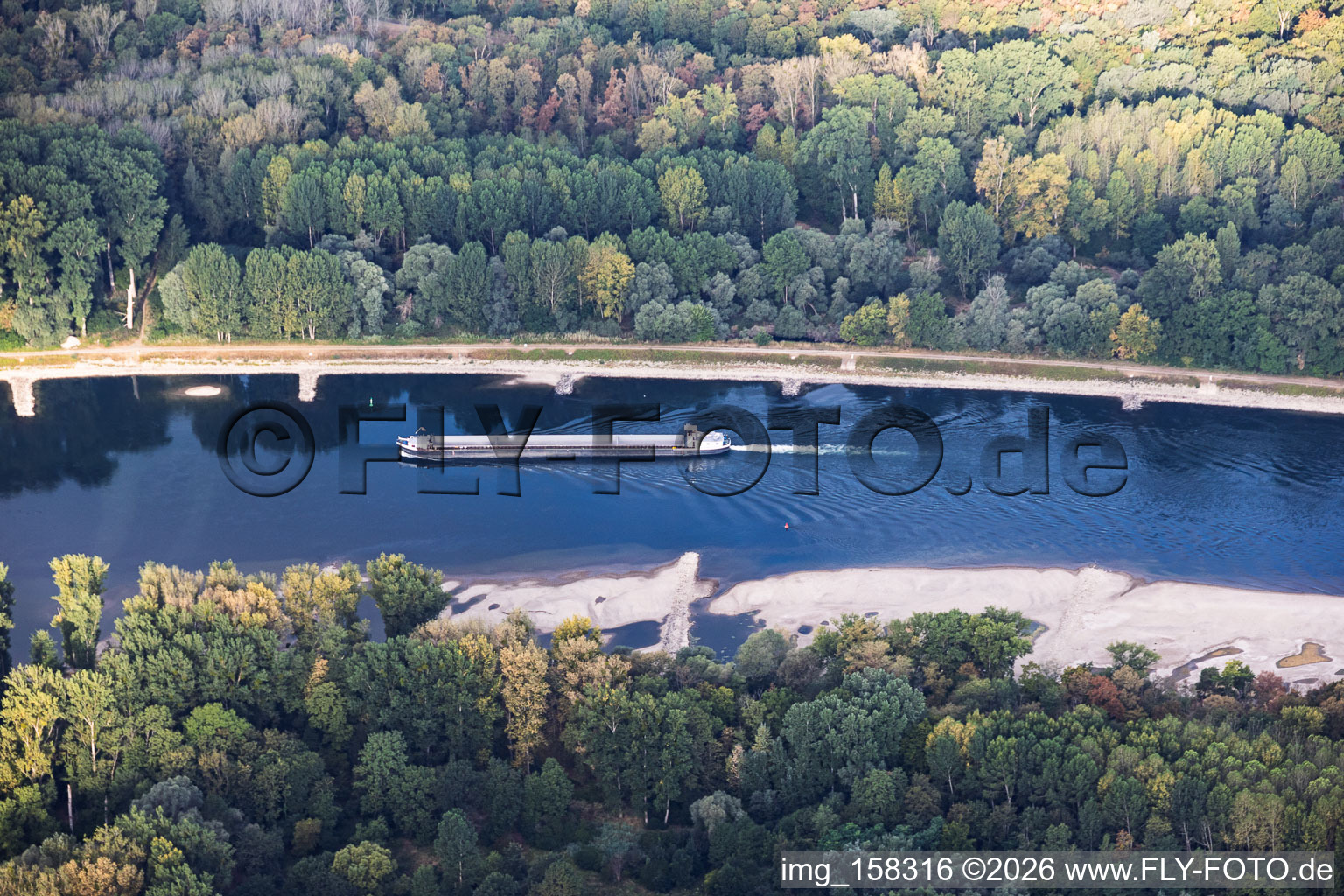 Empty cargo ship at low water on the Rhine between Hördter Rheinaue and Dettenheim in the district Liedolsheim in Dettenheim in the state Baden-Wuerttemberg, Germany