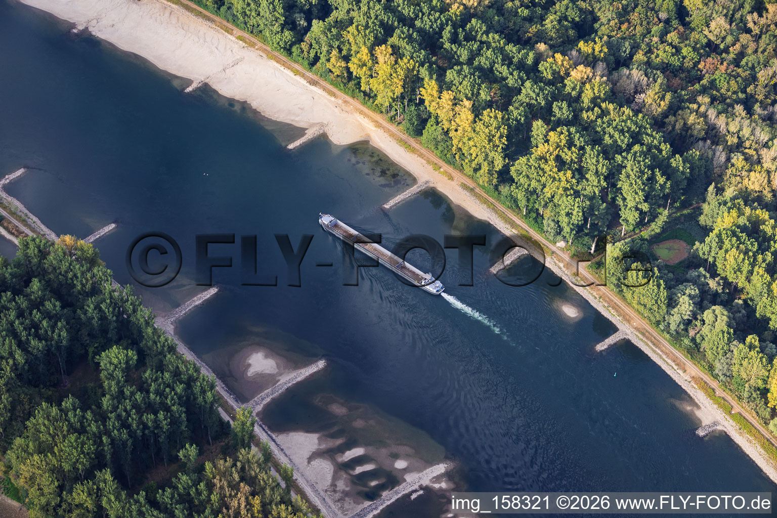 Empty cargo ship at low water on the Rhine between Hördter Rheinaue and Dettenheim in Hördt in the state Rhineland-Palatinate, Germany