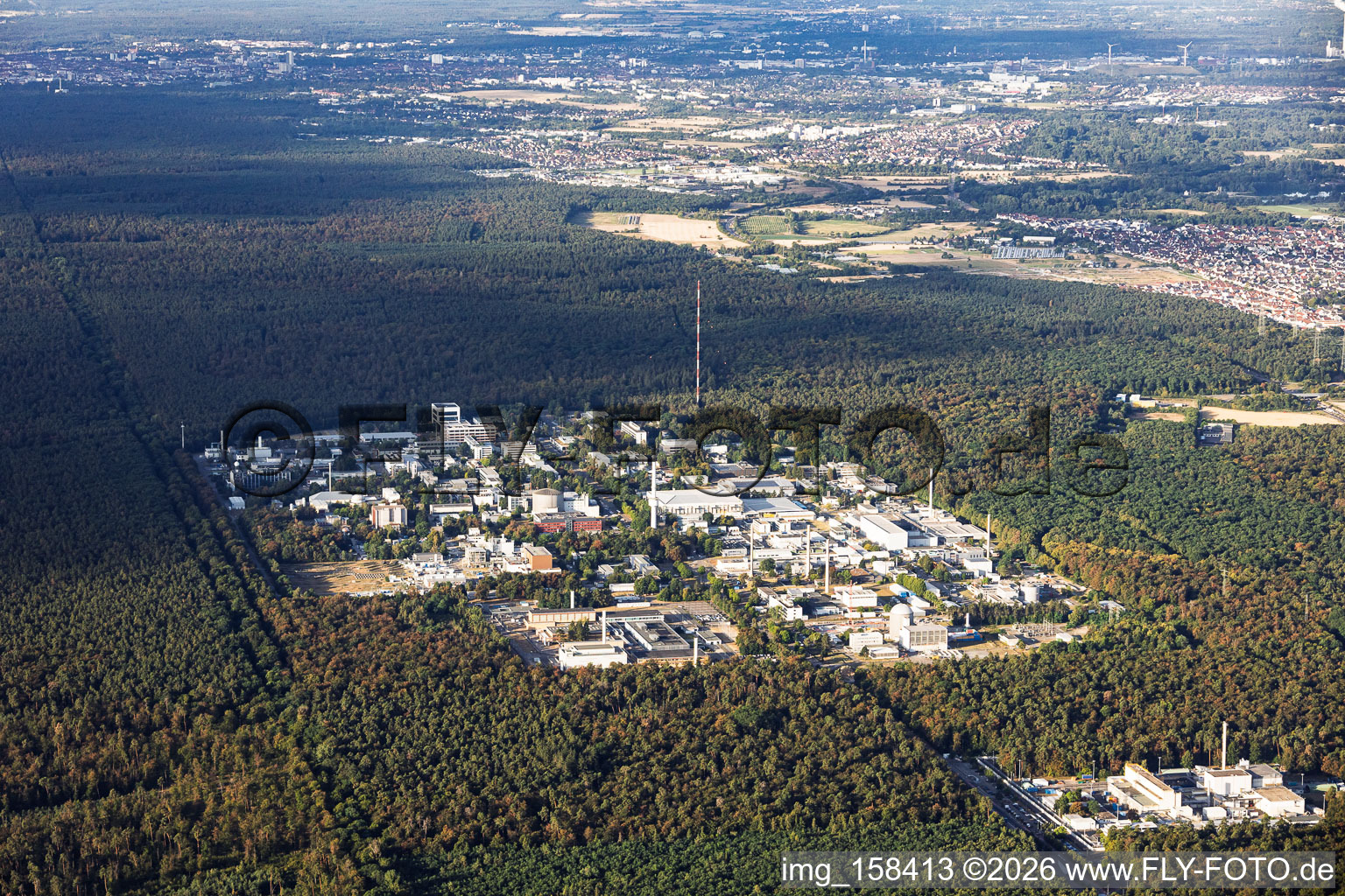 Karlsruhe Institute of Technology – North Campus and the Karlsruhe Reprocessing Plant (WAK) viewed from the northeast in Linkenheim-Hochstetten in the state Baden-Wuerttemberg, Germany
