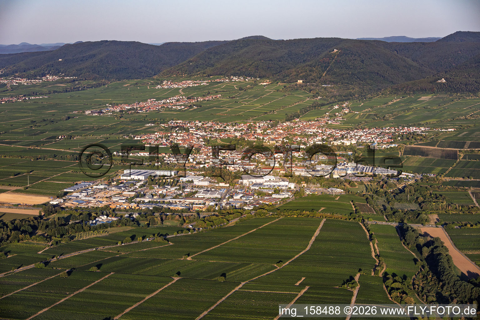 View of the town from the northeast (across the A65) in the morning in Edenkoben in the state Rhineland-Palatinate, Germany