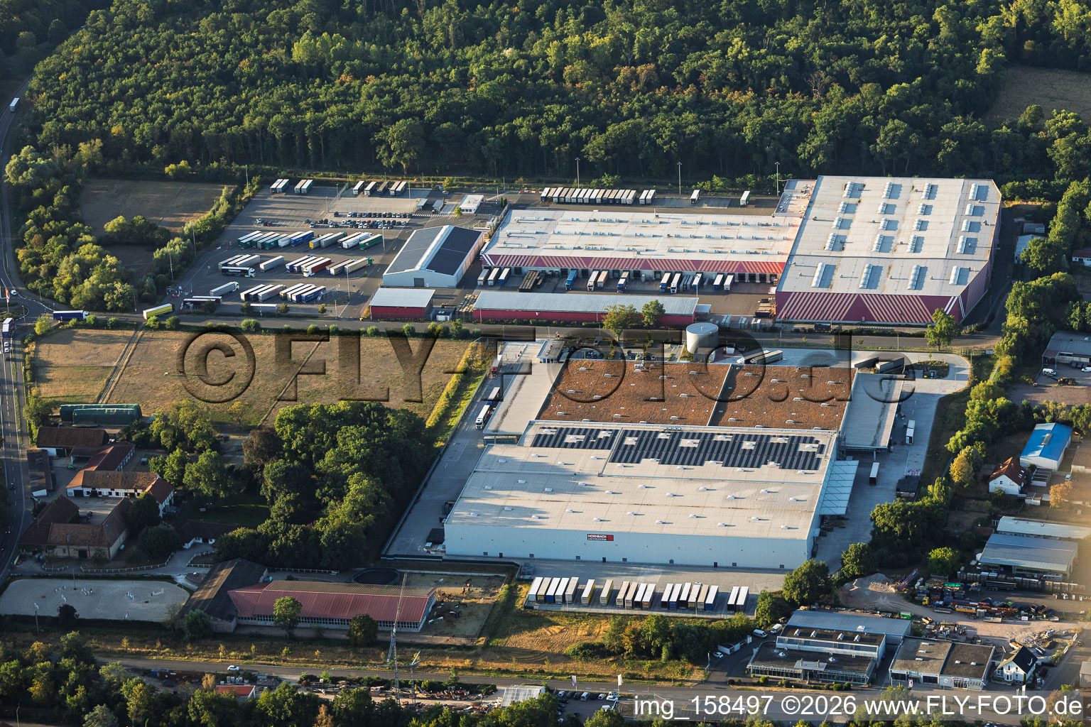 Industrial area featuring HORNBACH logistics centers I and II in the district Dreihof in Essingen in the state Rhineland-Palatinate, Germany