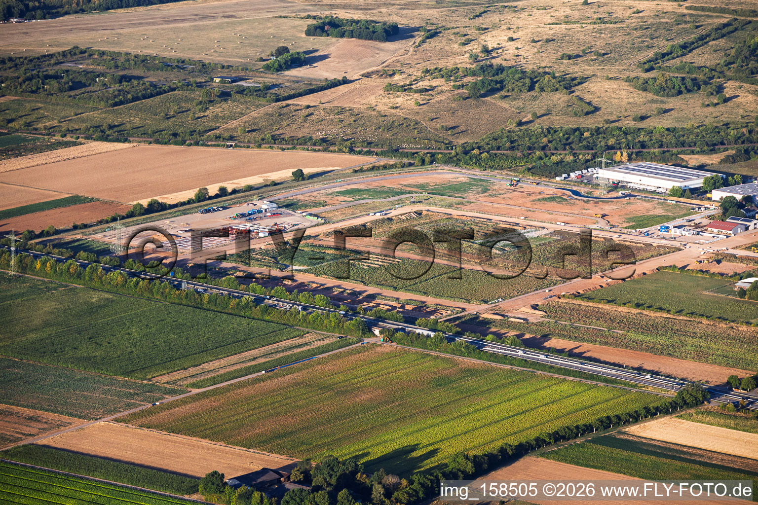 Industrial area D12 with construction site for geothermal power plant and substation from Vulcan from the northeast in Landau in der Pfalz in the state Rhineland-Palatinate, Germany