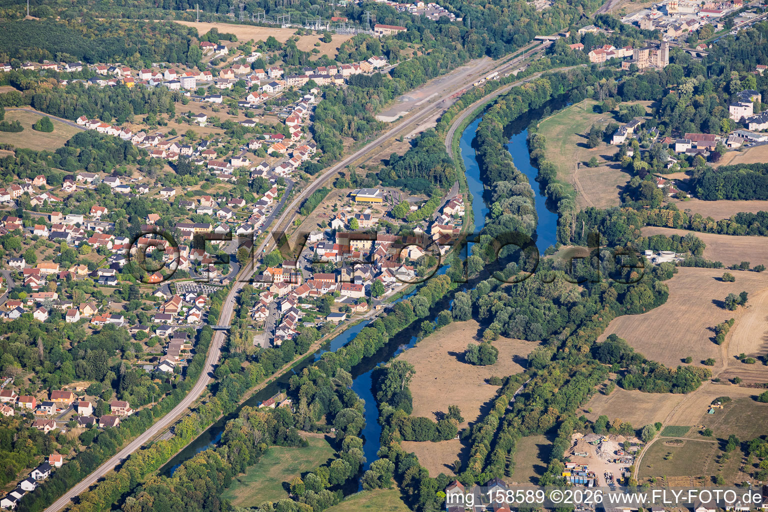 Village on the Saar River and Saar Canal, viewed from the southeast in Rémelfing in the state Moselle, France