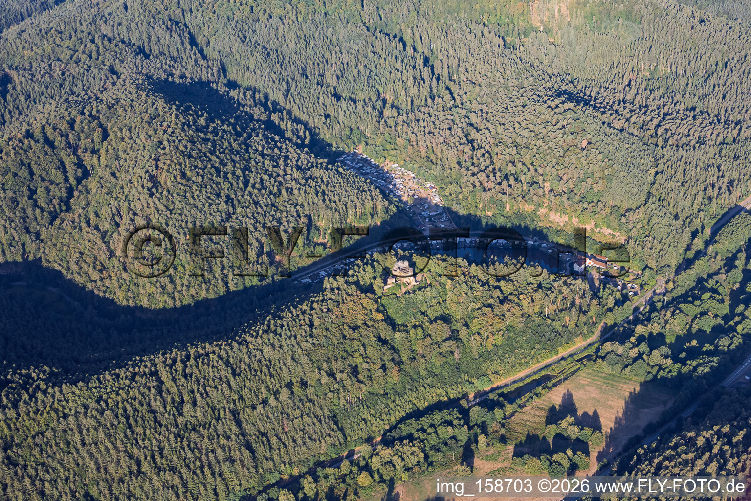 Neudahn castle ruins overlooking the Neudahn Pond in Dahn in the state Rhineland-Palatinate, Germany