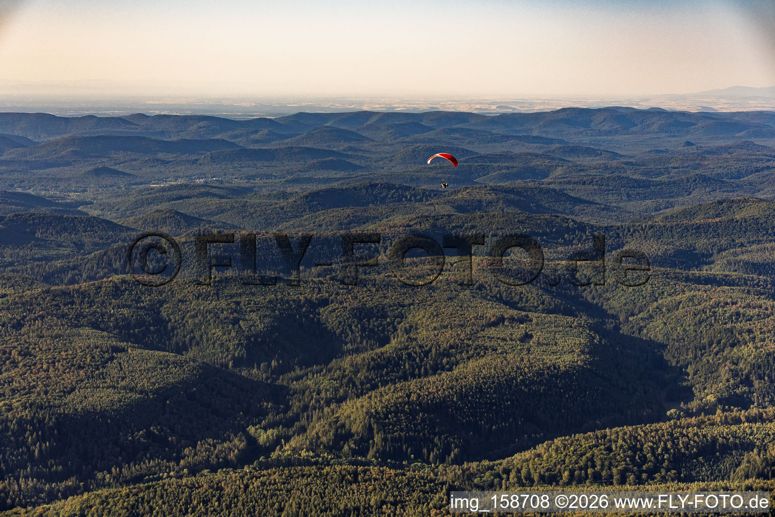 Paraglider over the Palatinate Forest in the district Glashütte in Lemberg in the state Rhineland-Palatinate, Germany